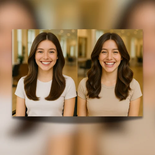 A side-by-side collage of two different cute, smiling girls, each showcasing a butterfly haircut in different hair textures.
In the 1st image: A cheerful girl with straight, glossy brown hair styled in soft, face-framing butterfly layers, sitting in a salon chair with natural lighting.
In the 2nd image: A different happy girl with medium-length wavy hair, featuring bouncy feathered butterfly layers that enhance the haircut’s volume and texture.
Both are in modern salon settings with a bright, warm atmosphere. Realistic, high-quality photography.
