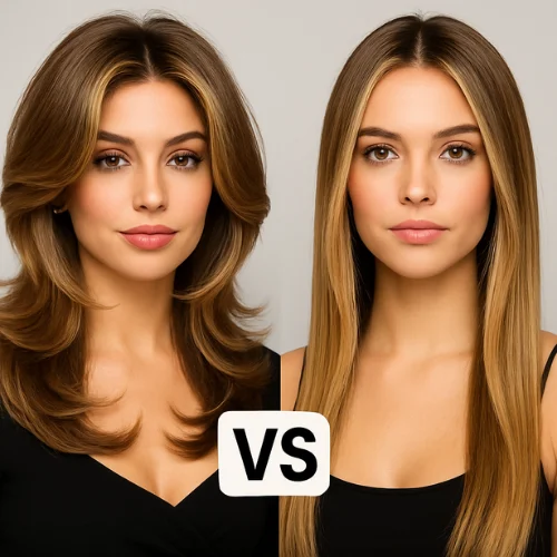 A side-by-side comparison of two stylish young women. On the left, a woman with a voluminous butterfly haircut — bouncy, layered, with feathered ends and a soft blowout, showcasing a glamorous and modern hairstyle. On the right, a woman with long, smooth hair styled with face-framing layers only — subtle, sleek, and natural, with minimal layering elsewhere. Between them, the word 'VS' in bold capital letters. Clean background, studio lighting, beauty-focused image, both women facing forward with confident expressions.