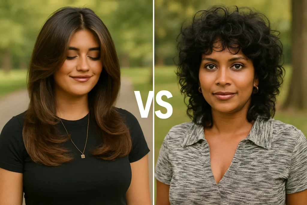 A split-screen image with two separate portraits side by side, both set in a calm, sunny park with green trees and open grass in the background. On the left side, a young woman with a butterfly haircut stands confidently. Her hair is long, with soft, face-framing layers, neatly styled. She wears a light-colored top and smiles naturally. On the right side, a different young woman with a shag haircut stands with a relaxed expression. Her hair is shoulder-length with heavy textured layers and wispy bangs, styled perfectly. She wears a casual t-shirt and jeans. In the center of the image, the text 'VS' is clearly displayed in a bold, modern font.