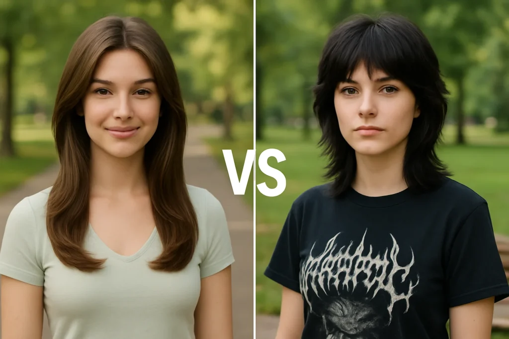 A split-screen image with two separate portraits side by side, both set in a calm, sunny park with green trees and open grass in the background. On the left side, a young woman with a butterfly haircut stands confidently. Her hair is long, with soft, face-framing layers, neatly styled. She wears a light-colored top and smiles naturally. On the right side, a different young woman with a shag haircut stands with a relaxed expression. Her hair is shoulder-length with heavy textured layers and wispy bangs, styled perfectly. She wears a casual t-shirt and jeans. In the center of the image, the text 'VS' is clearly displayed in a bold, modern font.