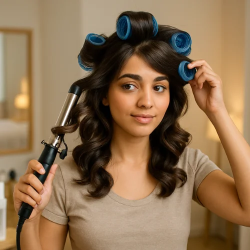 A young girl with a fresh butterfly haircut is styling her hair using a curling iron and rollers. She stands in front of a mirror in a softly lit, modern room. Some sections of her voluminous, layered hair are already curled, while others are still wrapped in large rollers. She looks focused and content, with styling tools and products neatly arranged around her on a vanity table. The atmosphere is calm and elegant, capturing a personal hair styling moment.