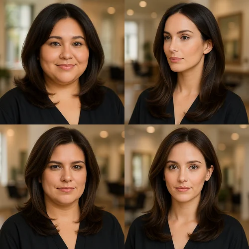 A collage of four realistic salon-style images showing a butterfly haircut on different face shapes.
1st image: A woman with a round face wearing a butterfly haircut with soft, layered waves that slim the face.
2nd image: A woman with an oval face styled with a butterfly haircut that enhances natural symmetry with long feathered layers.
3rd image: A woman with a square face having a butterfly haircut with layers starting below the jawline to soften strong angles.
4th image: A woman with a heart-shaped face featuring a butterfly haircut with chin-length face-framing layers that balance a wider forehead.
Each model has glossy brown balayage hair, natural lighting, and a modern salon background. Realistic photo quality.