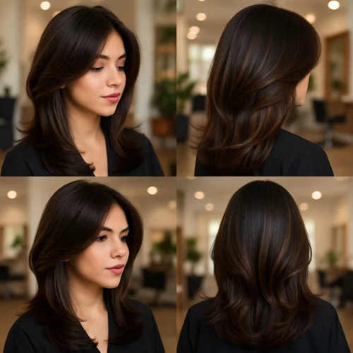 A stylish butterfly haircut for long to medium hair, featuring soft, face-framing layers and feathered ends. The model is shown in a salon setting with natural lighting, highlighting the volume and movement of the haircut. The hair is smooth, glossy, and well-styled, with subtle brown balayage tones. Side and back views included for full haircut display, realistic photo style.