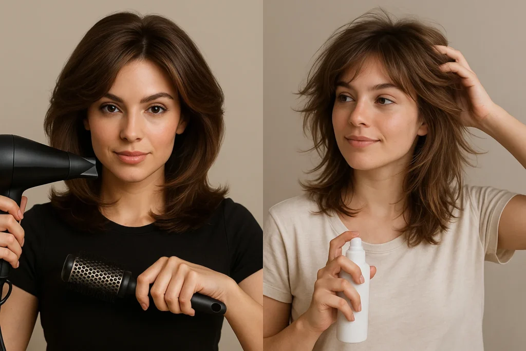 On one side, a woman with a butterfly haircut is using blow dryer for a polished, voluminous look. On the other side, a young lady is casually air-drying her butterfly haircut with soft, tousled layers enhanced by texturizing spray.